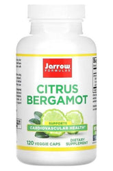 Jarrow Formulas Citrus Bergamot supplement bottle, supports cardiovascular health, 120 veggie caps, dietary supplement.